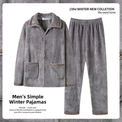 Men's Winter Thickened Fleece Pajamas Coral Velvet Home Clothes Set New Style Long Sleeve Stand Collar Couple's Outfit