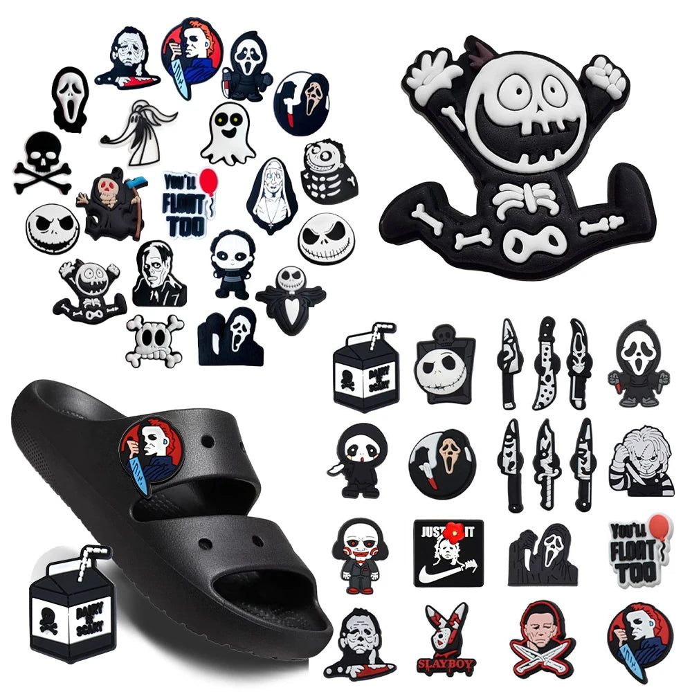 6-100pcs Halloween Black and White Classic PVC Shoes Charm Alligator Charm Accessories Fit Bracelet Boys Girl Xmas party gifts
