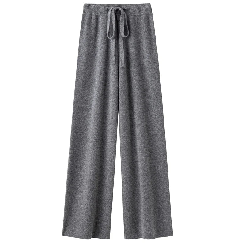 High Waist Wool Knitted Wide Leg Pants Women's Outerwear Autumn Winter Thickened Floor-Length Straight Cut Casual Trousers