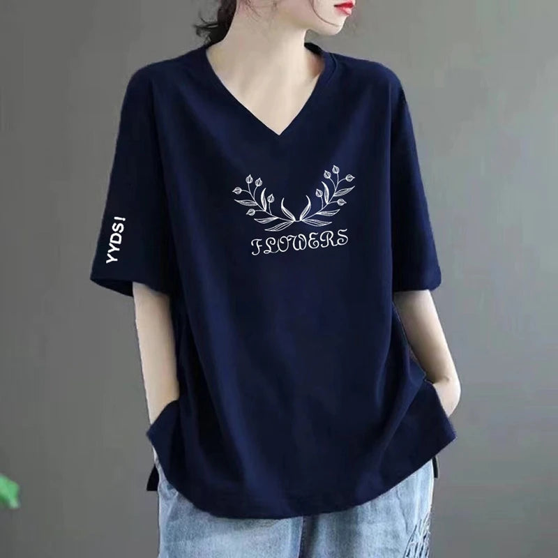 100% Pure Cotton V-Neck Short Sleeve T-Shirt Women's Loose Fashionable Printed Mom Top Trendy Korean Style Summer Wear