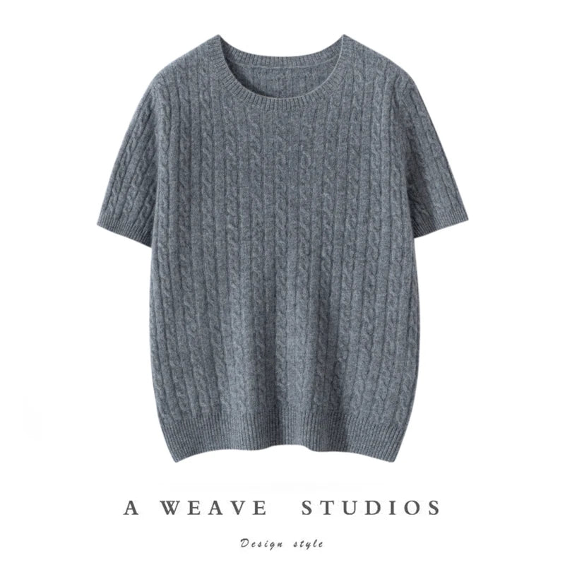 100% Pure Cashmere Fried Dough Twists Round Neck Solid Short Sleeve Women's High Quality Luxury Pullover Sweater Spring Autumn