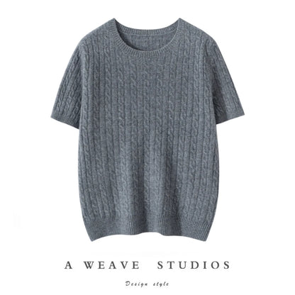 100% Pure Cashmere Fried Dough Twists Round Neck Solid Short Sleeve Women's High Quality Luxury Pullover Sweater Spring Autumn