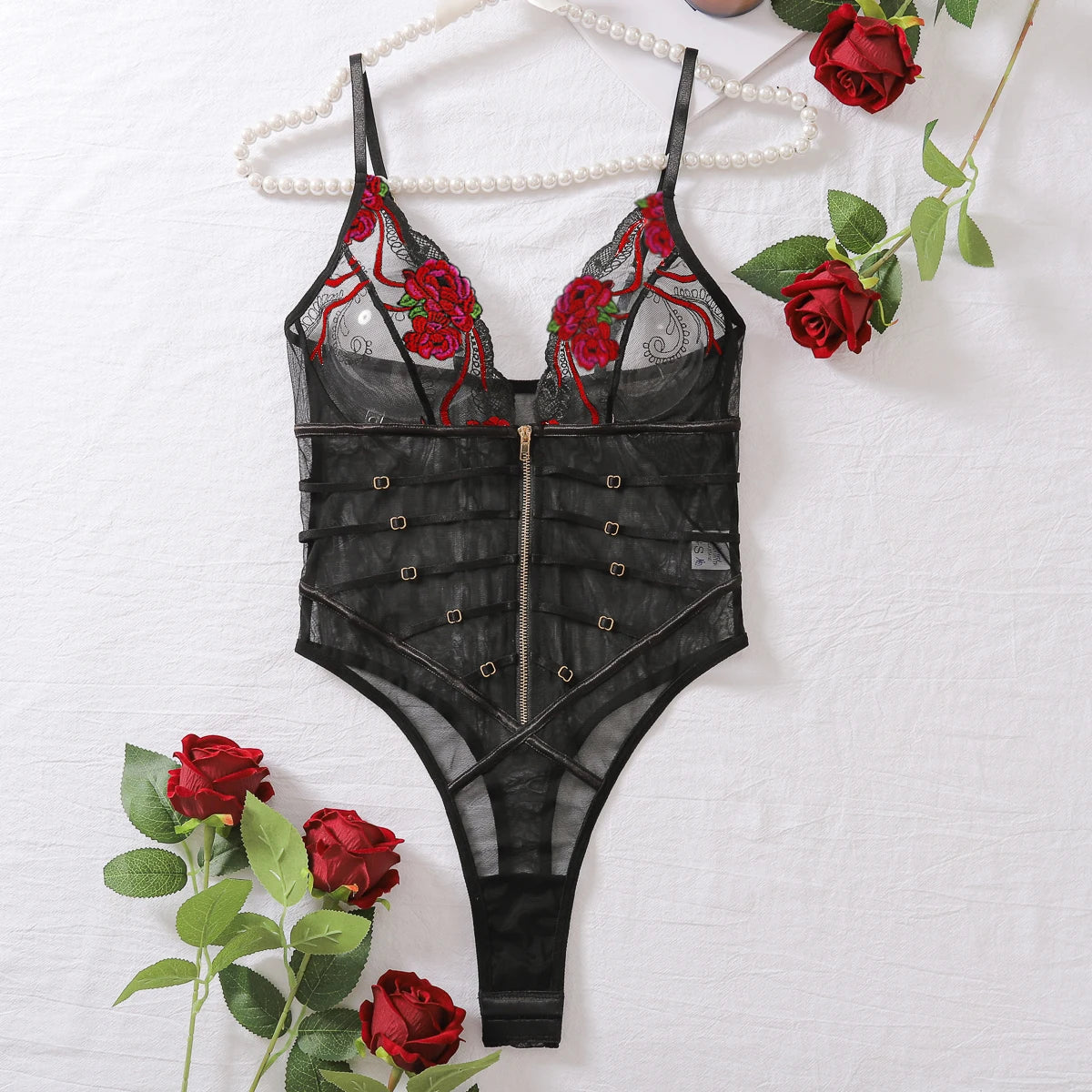 2024 New Fashionable and Sexy Lace Mesh Embroidered Transparent V-neck Mischievous Temptation Style Strap jumpsuit