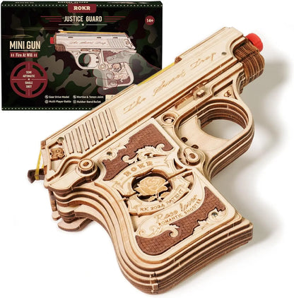 ROKR Mini Pistol 3D Wooden Model Toy, Mechanical Assembly Model, Rubber Band Launch Function, Suitable for Beginners
