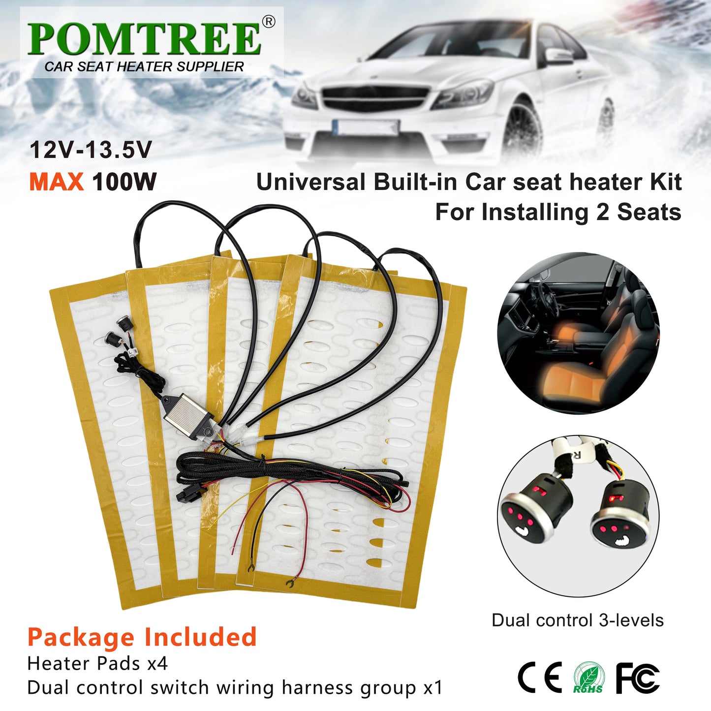 Universal Built-In Car Seat Heater Kit Fit 2 Seats,108W Alloy Wire Heating Pads 3-Level Dual Control Switch with Wiring Harness