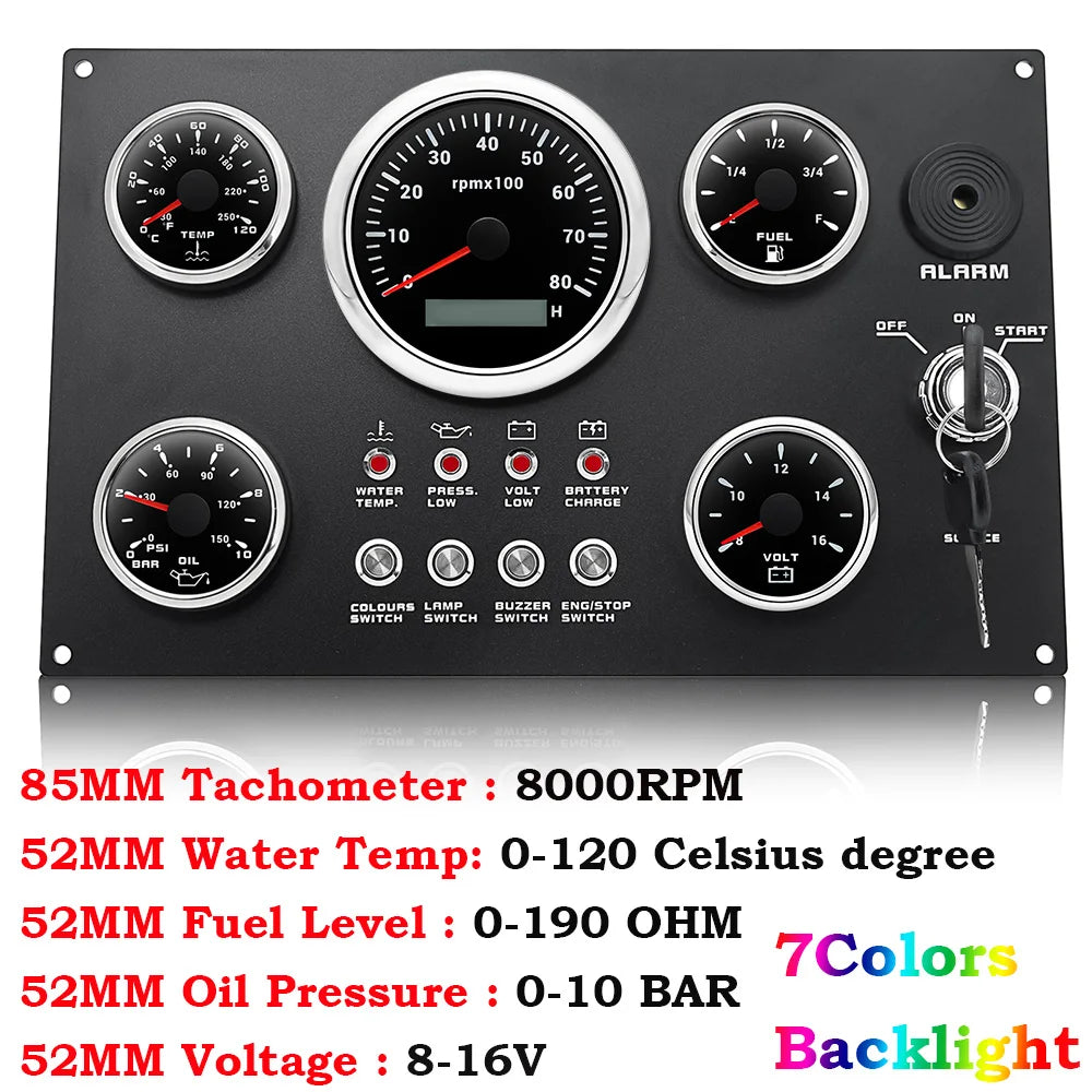 Boat Dashboard 5 Gauge Set Switch Panel 85mm Tachometer 3000rpm-8000rpm+52mm Voltmeter Oil Press Fuel Level Meter Customized