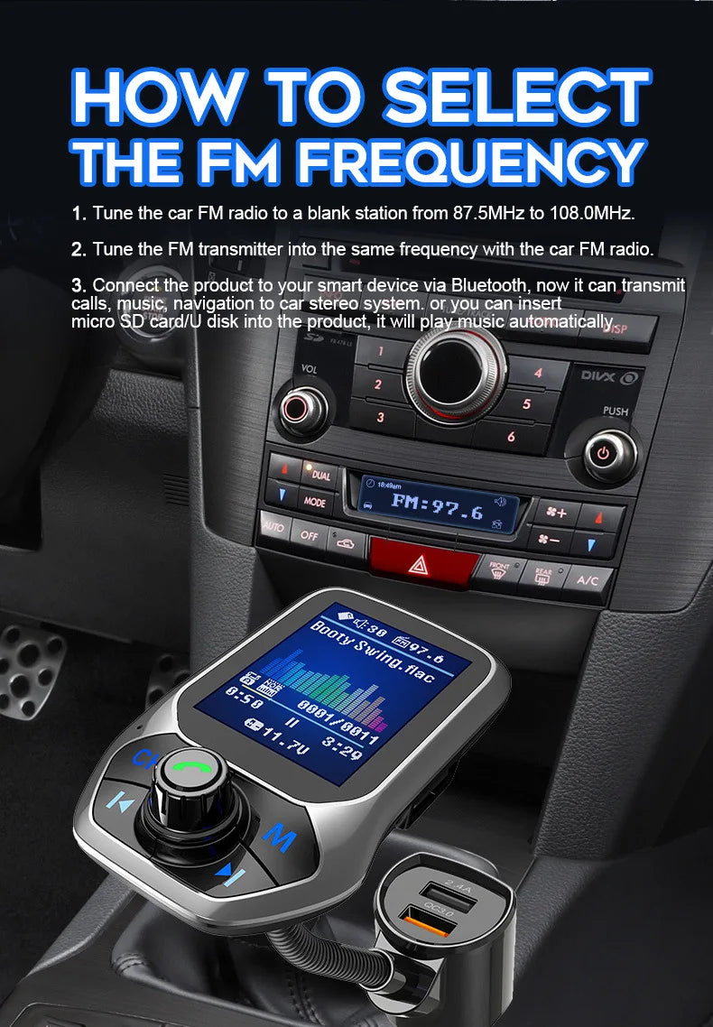 Bluetooth FM Transmitter Handsfree 1.8'' TFT Display Car radio MP3 Music USB SD EQ Player Built-in Mic Quick Charge 3.0 Adapter
