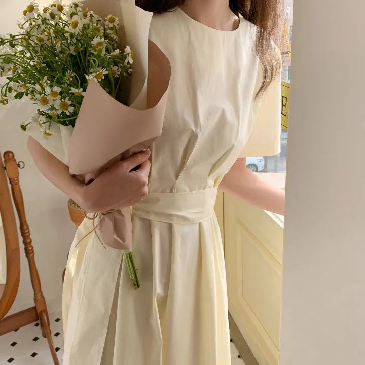 Elegant Pure Color Slim Fit Dress with Belt High Waist Spring Summer Autumn Short Sleeve Casual High Waist Skirt