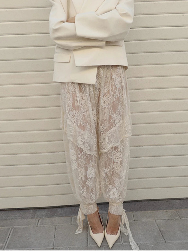 Y2K Lace See Through Women's Bloomers Pant Loose Drawstring High Waist Floral Bottoms Female 2026 Summer Lantern Trousers New