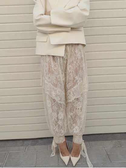 Y2K Lace See Through Women's Bloomers Pant Loose Drawstring High Waist Floral Bottoms Female 2026 Summer Lantern Trousers New