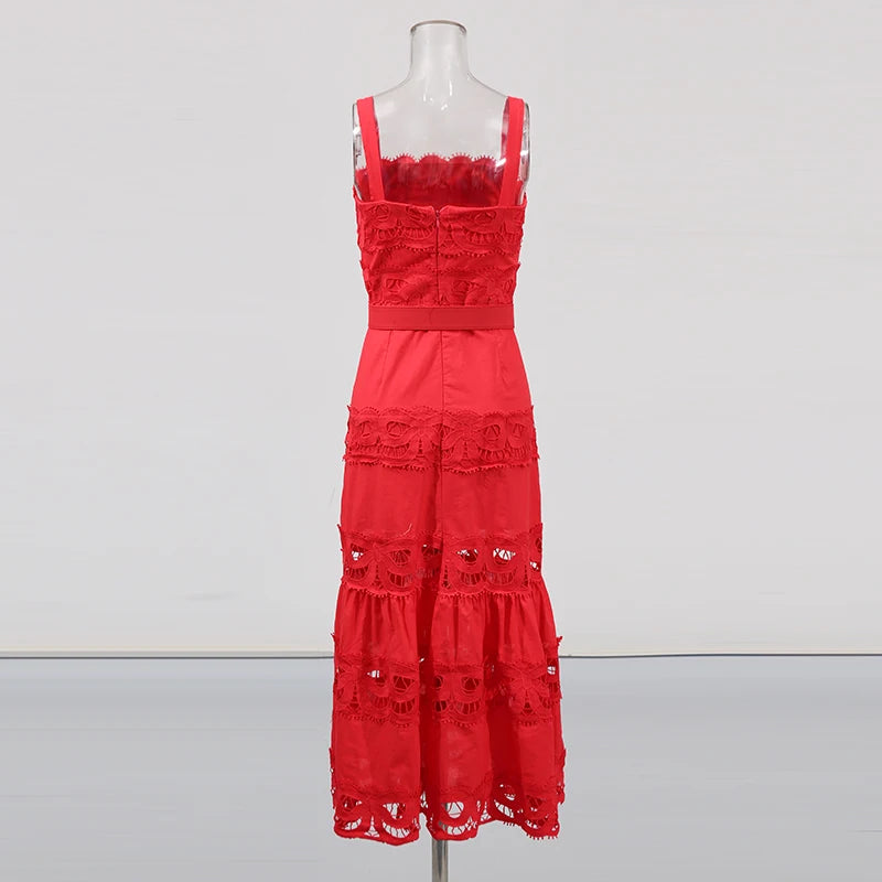 TWOTWINSTYLE Solid Hollow Out Elegant Dresses for Women Square Neck Sleeveless Patchwork Lace Dress Female Fashion Clothing New