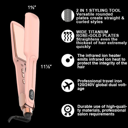 2-in-1-Flat Hair Straightener & Curling Iron, Infrared Ion Reduces Frizz, Suitable for Straight Hair, Curly Hair, Gifts