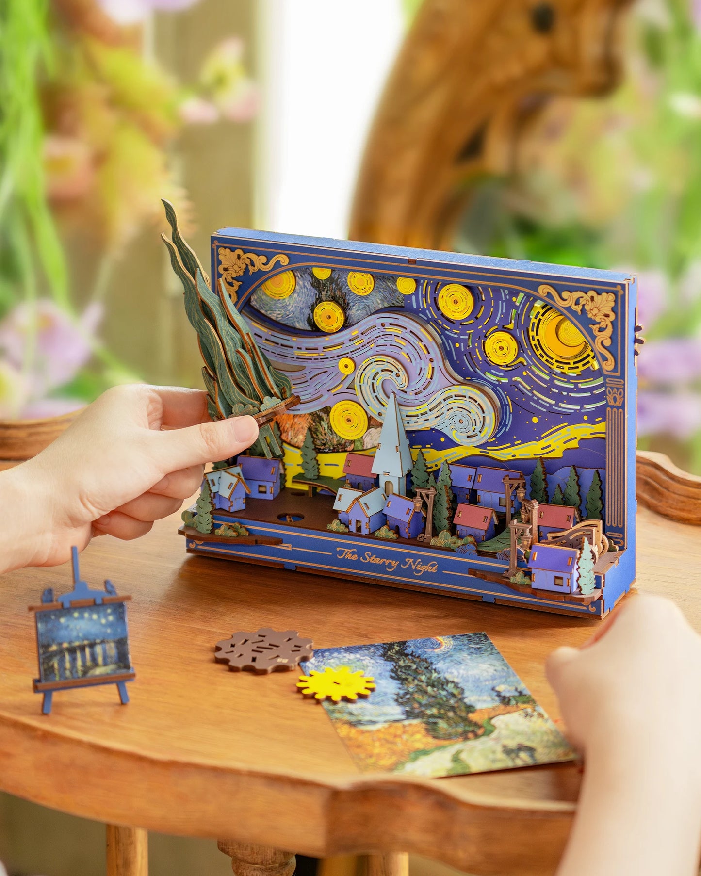 Robotime The Starry Night Wall Art Moving 3D Wooden Puzzle with LED Light Gears Interactive Desk Decor Unique DIY Gift for Adult