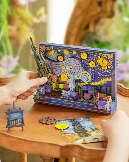 Robotime The Starry Night Wall Art Moving 3D Wooden Puzzle with LED Light Gears Interactive Desk Decor Unique DIY Gift for Adult