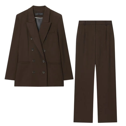 Autumn New Style Women's Suit Jacket with Shoulder Pads Double Row Buttons Pleated Straight Leg Pants Fashionable Two-Piece Set