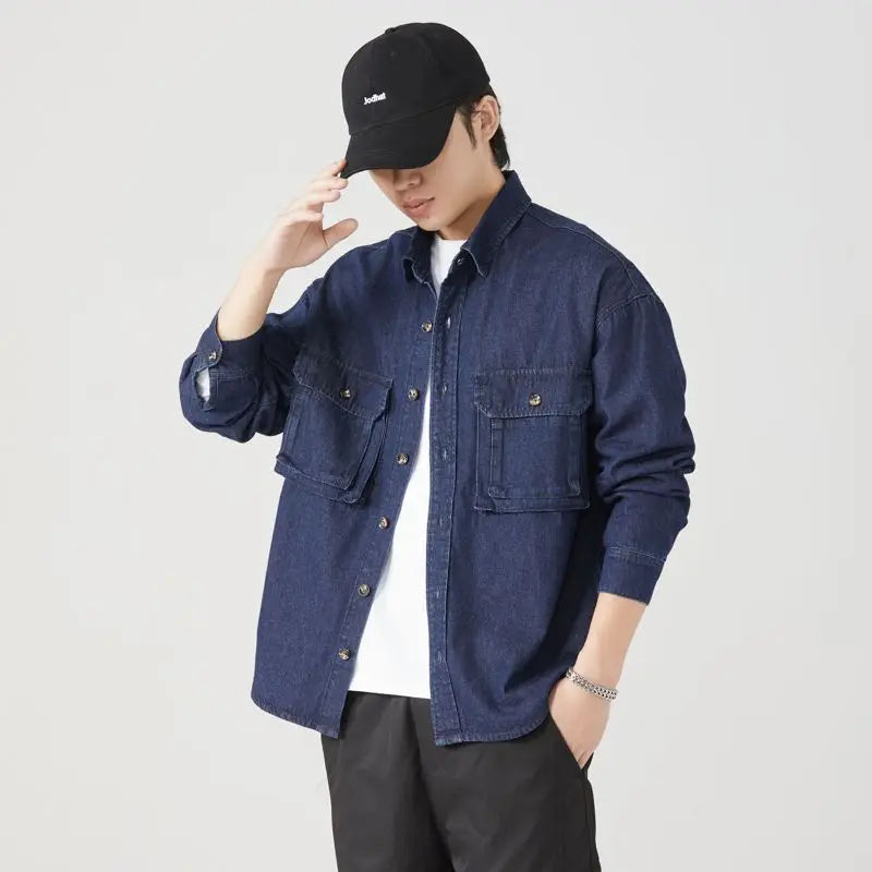 Pure Cotton Tooling Shirts Men Spring Autumn Streetwear Vintage Fashion Casual Loose Long Sleeve Outwear Cargo Jacket Blouse New