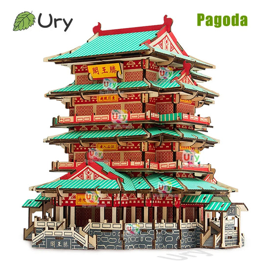 Ury 3D Wooden House Colorful Chinese Traditional Puzzle Building DIY Model Game Assembly Desktop Toy Gift for Adult