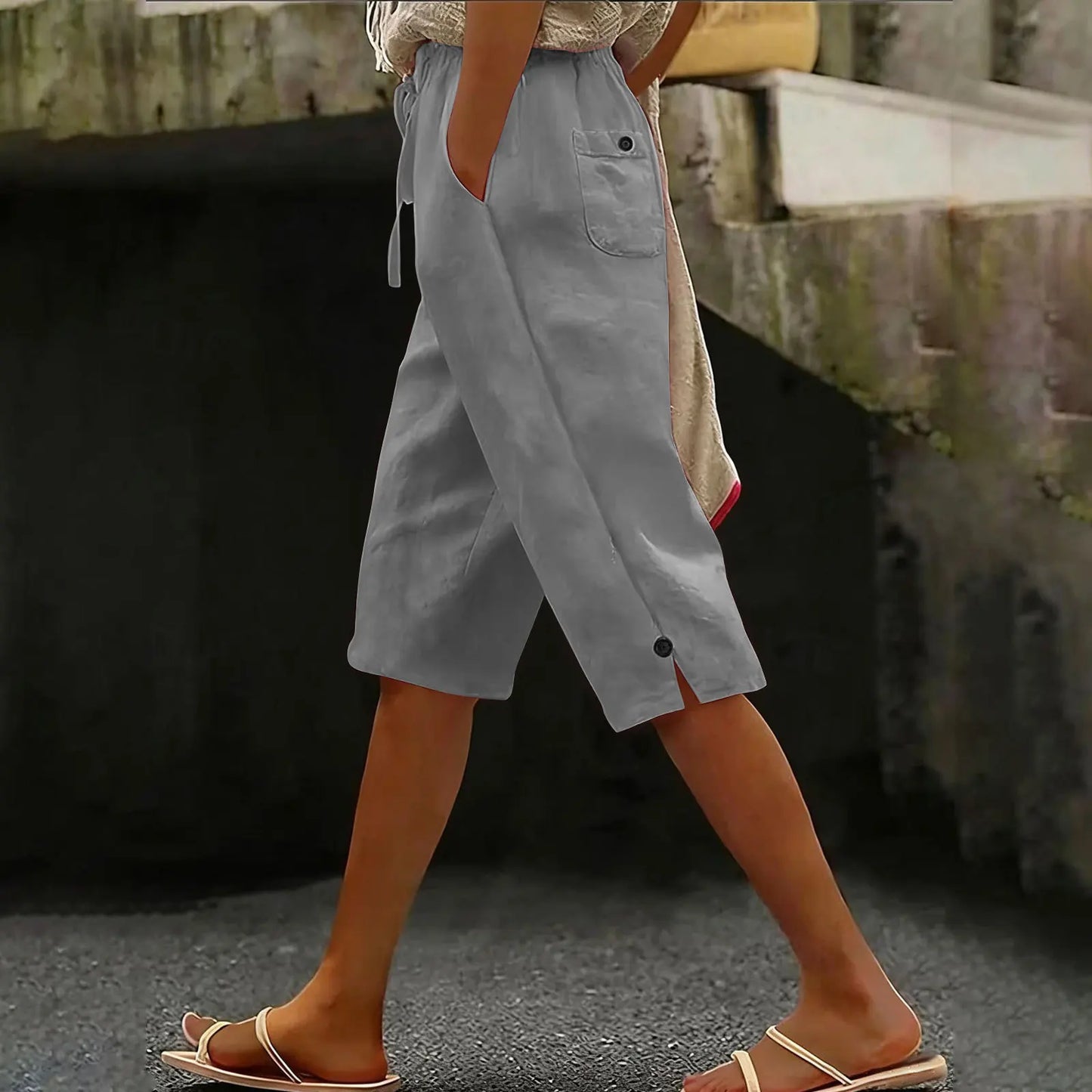 2026 summer new European and American solid color fashionable casual cotton and linen loose women's cropped pants summer Pants