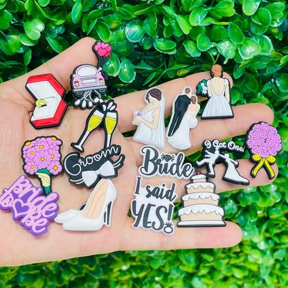 15Pcs Wedding Bride Groom Champagne Bouquet PVC Buckle Clog Garden Sandal Shoe Charms DIY Backpack Decorations Women Party Gift