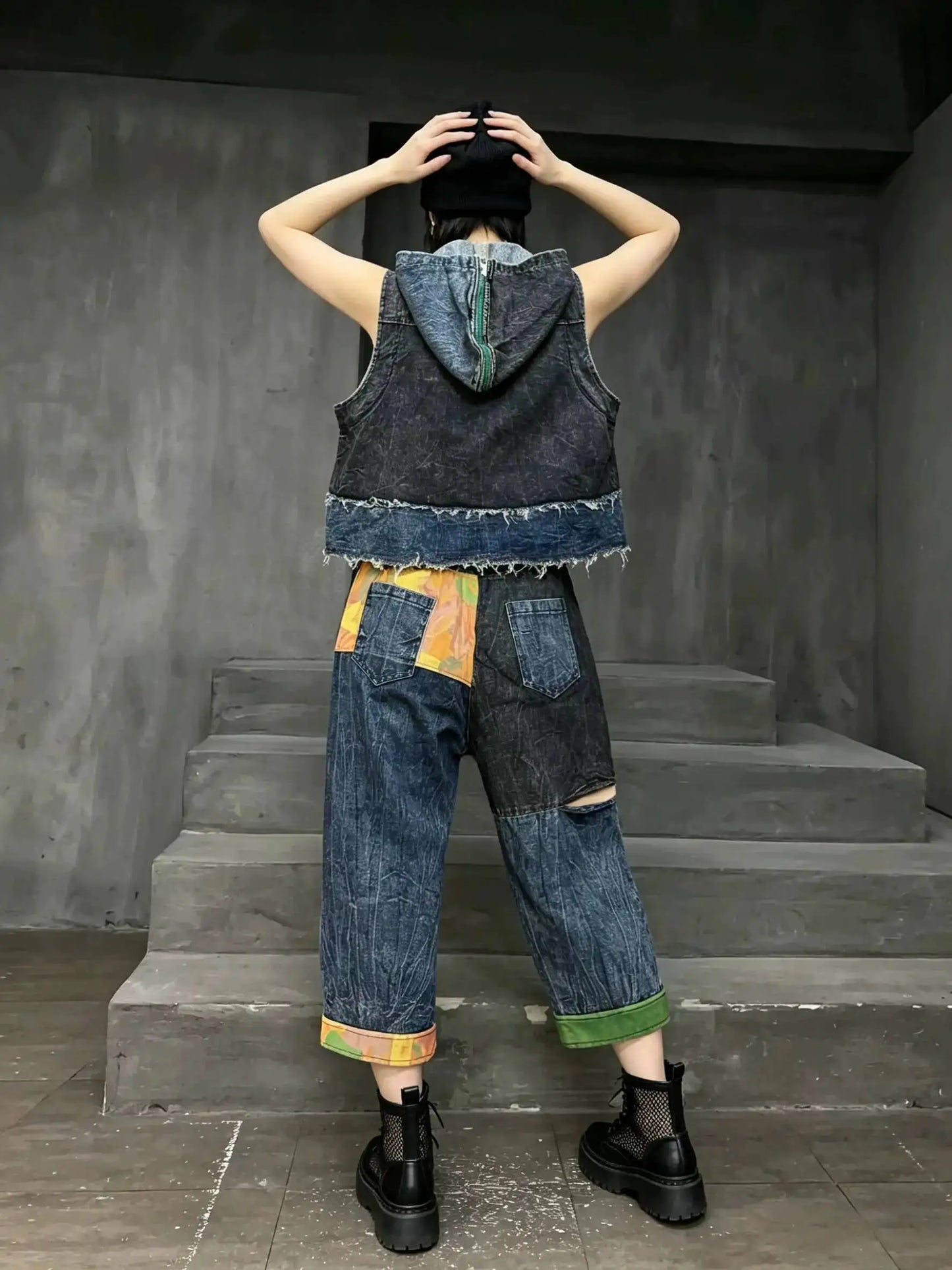Distressed Color-blocked Denim Patchwork Hooded Vest + Jeans Two-piece Set Women 2026 Summer Stylish Fashion Suit XY324