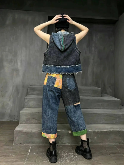 Distressed Color-blocked Denim Patchwork Hooded Vest + Jeans Two-piece Set Women 2026 Summer Stylish Fashion Suit XY324