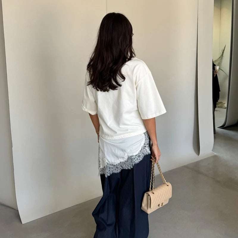 MUJER Polo Lace T Shirt Women Asymmetric Oversized T-Shirt Woman Spring Casual Tank Top Female Fashion Funny Women's T-shirts