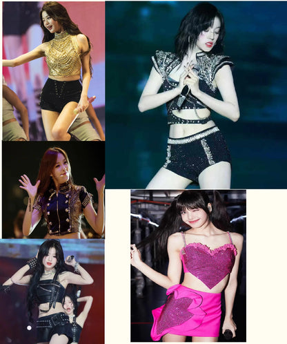 New Kpop Female Group Stage Costume Cool Spicy Black PU Hanging Neck Vest Wide Shorts Sexy Girl Performance Outfit Women
