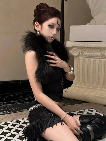 Sisterlinda Furry Patchwork Sexy Tank Top Women Y2K Halter Backless Shirring Sleeveless Stretch Coquette Midnight Party Clubwear