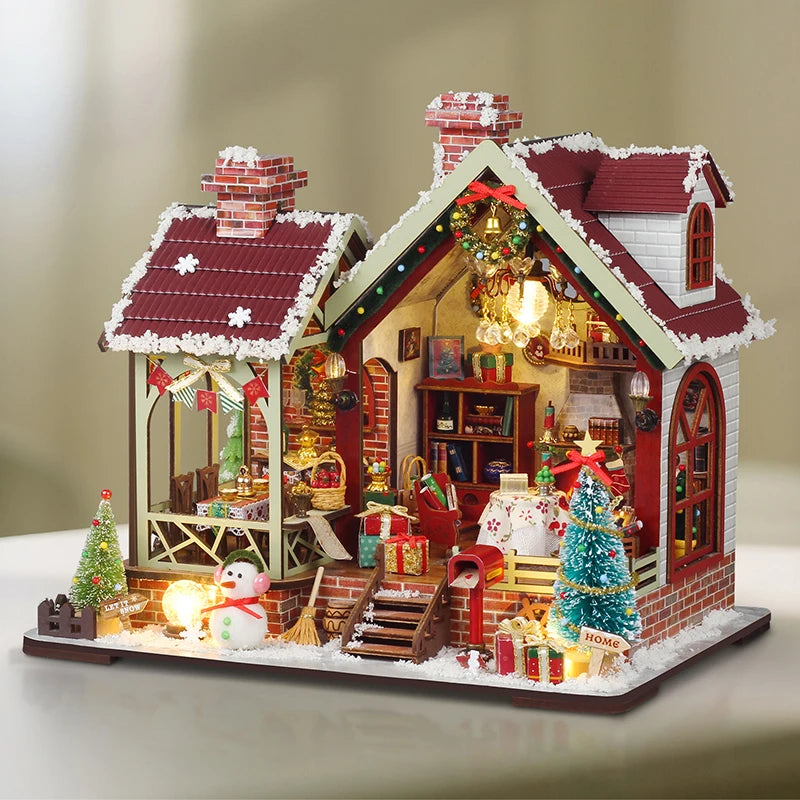 DIY Wooden Warm Christmas Lodge Casa Doll Houses Miniature Model Kits Dollhouse with Furniture LED Lights for Friends Gifts
