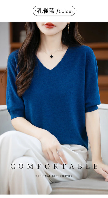 Thin Worsted Wool Short-Sleeved Women's Loose Round Neck T-shirt Printed Summer Fashion Knitted Bottoming Shirt Half-Sleeved