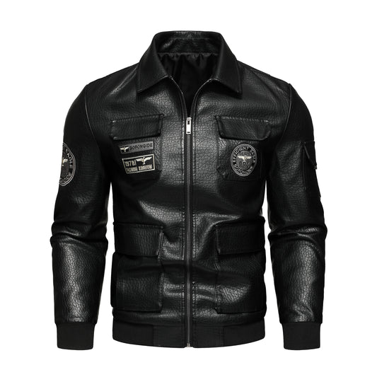 Men's embroidered lapel jacket Motorcycle PU leather jacket