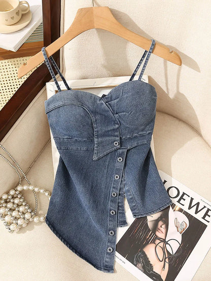 Irregular Halter Neck Denim Crop Top Women Summer Outdoor Wear with Chest Pad Slimming Sexy Girl Shirt Short Length Zipper