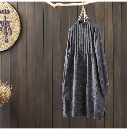 Retro Print Loose Knitted Dress Half High Collar Base Layer Skirt Autumn Winter Long Straight A-Line Dress for Women