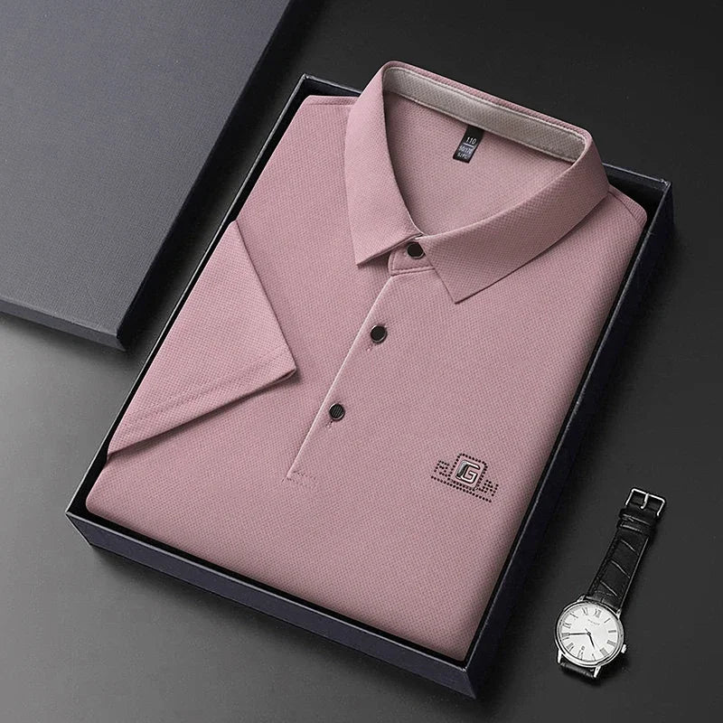 Men's Business Ice Silk Work Shirts Summer Badge Solid Color Polo Shirt Office Wear Man Breathable Comfortable Versatile Tops