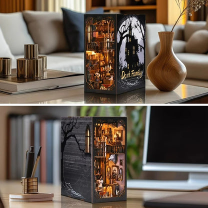 DIY Wooden Bookshelf Dollhouses Book Nook Shelf Insert Miniature Model Kits With Light Bookshelf Bookend Wooden Puzzle Toys Gift