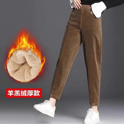 Autumn Winter Thiened Women's Casual Pants Lamb Velvet Harem Pants High Waist Straight Legged Fce Lined Mom Jeans Corduroy