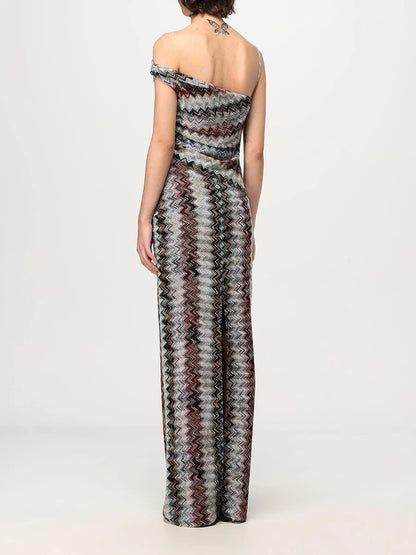 VGH Vacations Colorful Print Maxi Dress for Women Off One Shoulder Slimming Zigzag Design Asymmetrical Skirt for Casual Outings