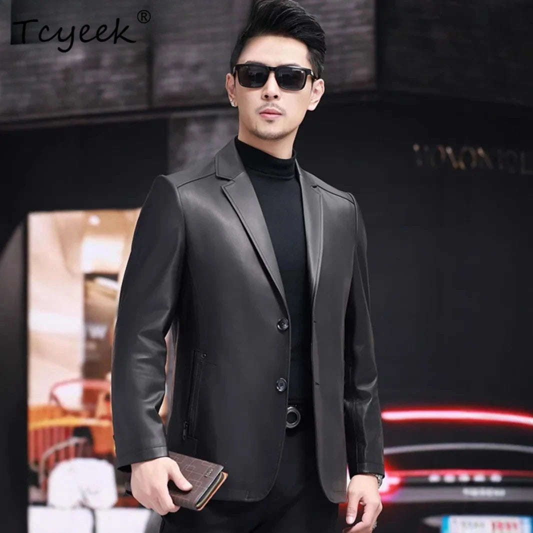 Tcyeek Real Top Layer Sheepskin Autumn Winter Black Suit Collar Men's Genuine Leather Jacket Jaqueta De Couro Masculina 가죽자켓