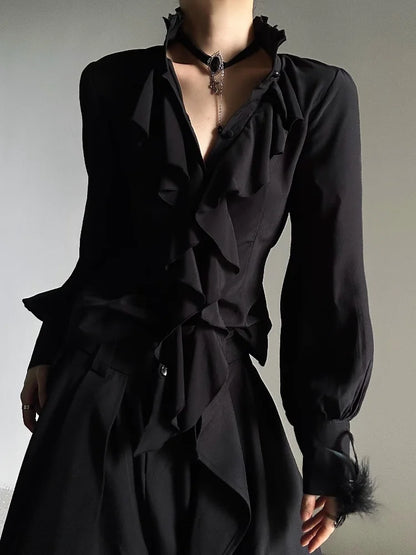 Harajuku Vintage Women Bottoming Shirt Stand Collar Ruffles Slim Fit Blouses Black White 2026 New Long Sleeve Blusas De Mujer