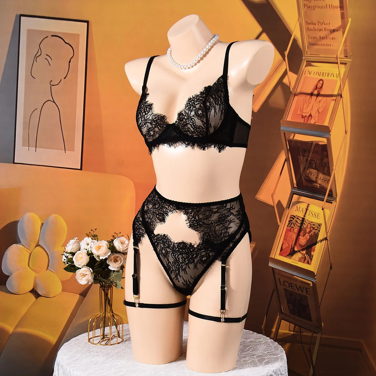Ellolace Solid Lingeries Sexy Hot Elegant Bra Belt Thong 3PC with Leg Circles Cute Intimate Seductive Lace Tempted Underwear