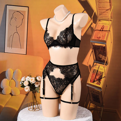 Ellolace Solid Lingeries Sexy Hot Elegant Bra Belt Thong 3PC with Leg Circles Cute Intimate Seductive Lace Tempted Underwear