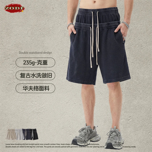 ZODF Vintage 2026 Summer West Coast Style Washed Waffle Shorts For Man Unisex Hip Hop Double Waist Distressed Shorts HY1252