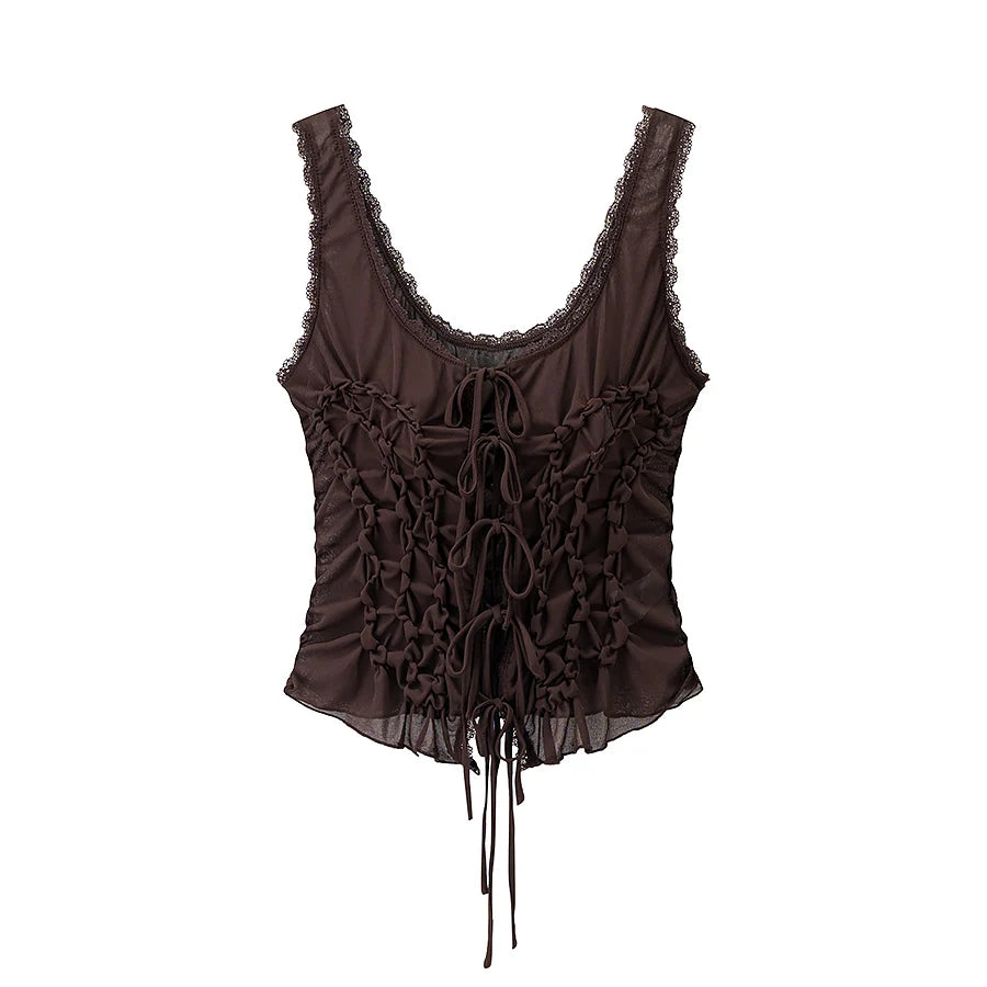 DUOPERI Women Y2K Fashion Solid Pleated Lace Up Slim Fitting Camisole Straps V-Neck Female Chic Lady Casual Tank Tops