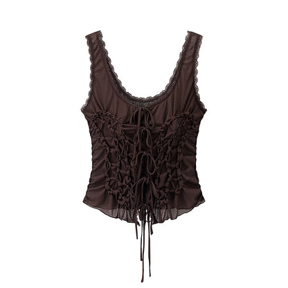 DUOPERI Women Y2K Fashion Solid Pleated Lace Up Slim Fitting Camisole Straps V-Neck Female Chic Lady Casual Tank Tops