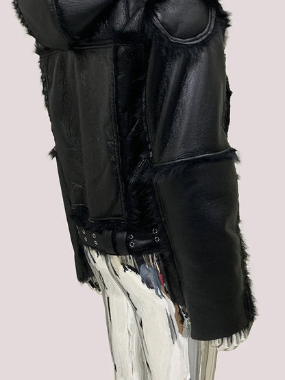 Mauroicardi Winter Cool Short Black Thickened Warm Hairy Soft Faux Sheepskin Coat with Hood Zipper Long Sleeve Fluffy Jacket