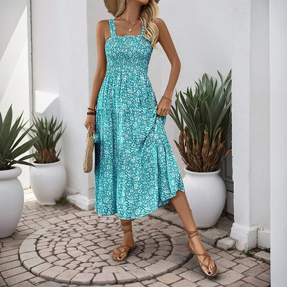 Women's Floral Maxi Dress Summer Square Neck Strappy Backless Smocked Bodice High Waist Long Dress Vacation Beach Outfit 2026
