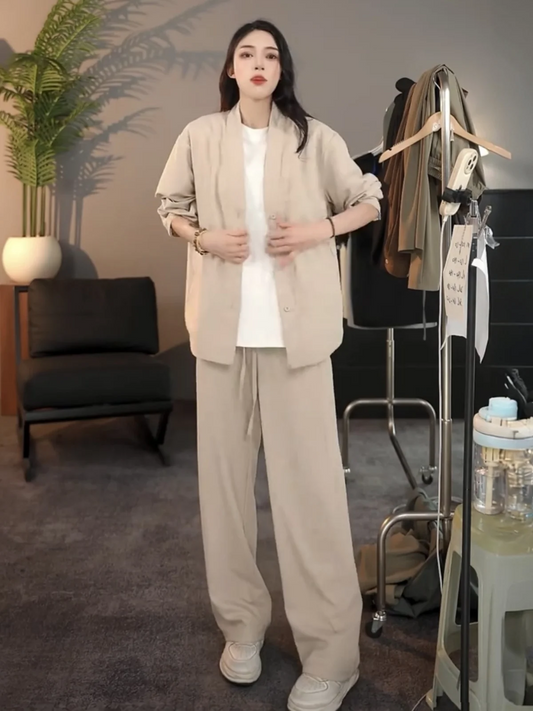 Casual Linen Silk Men Women Set Spring Summer Fashion Straight Leg Pants Long Sleeve Shirt Outerwear Two Piece Set Couple Out...