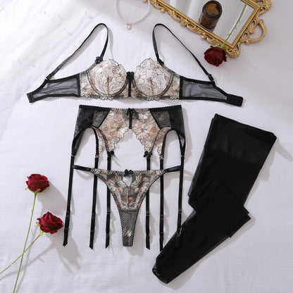 2026 European and American Bow Accessories Perspective Embroidery Splicing Mesh Sexy Body Shaping Underwear Four Piece Set