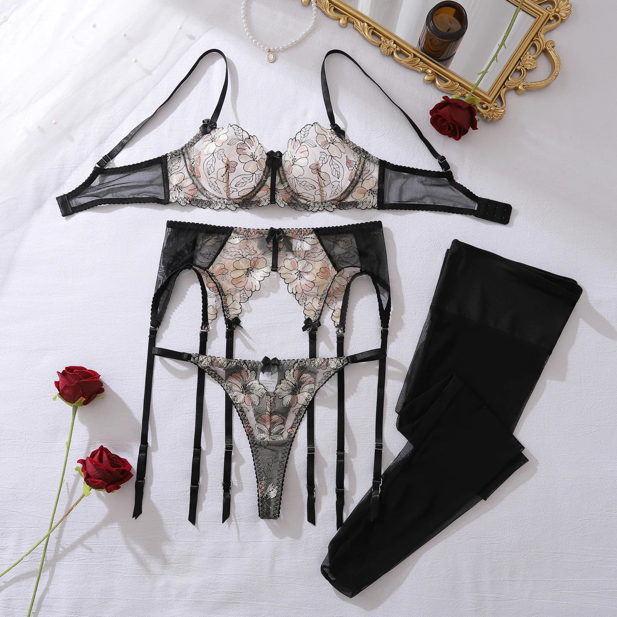 2026 European and American Bow Accessories Perspective Embroidery Splicing Mesh Sexy Body Shaping Underwear Four Piece Set