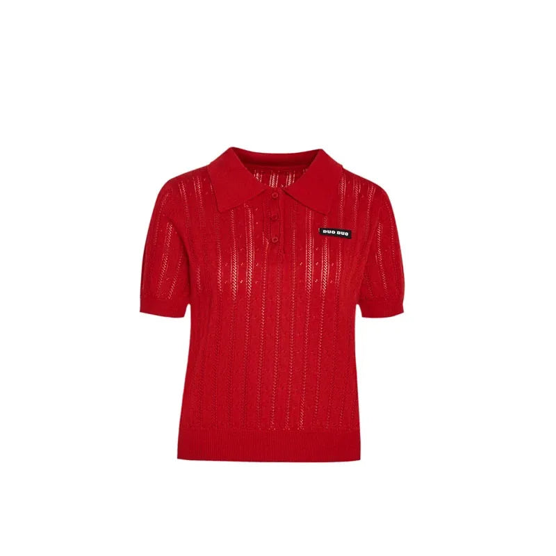 Red  Neck Knitted T-Shirt Women's Summer Style Short Sleeve White Color Loose Fit Casual Wear Polyester Blend Creative Pa...